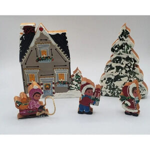 Lot of 5 Hand Painted Wooden Christmas Tree House Kids Table Mantel Display
